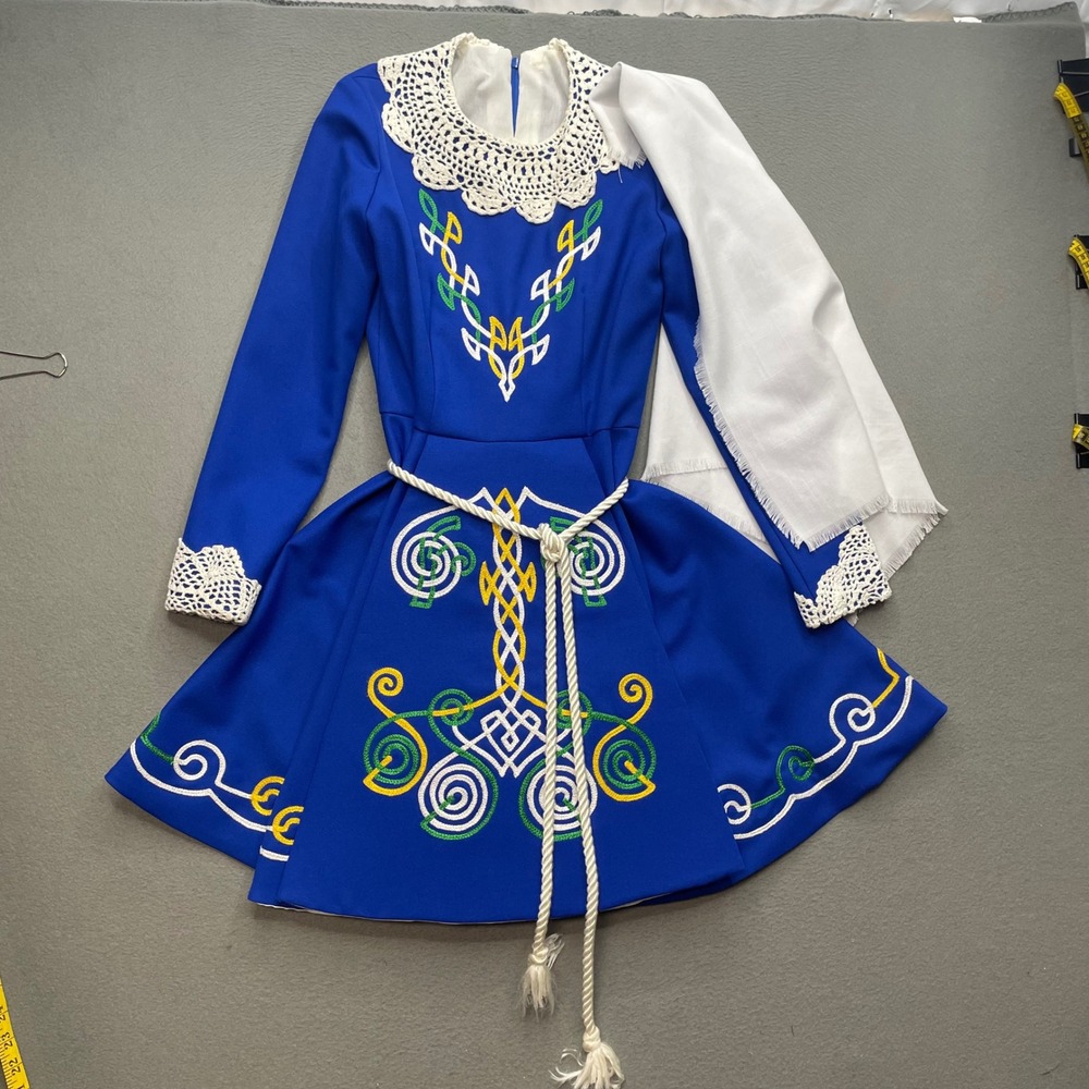 VTG Irish Dance Solo Dress Celtic Embroidered Blue Brat Cape Crochet Feis